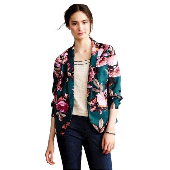 Anthropologie Cartonnier Rihan Floral Blazer Size 6 in Green Open Front - Picture 2 of 7